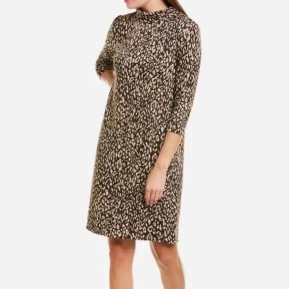 J. McLaughlin Sheila Sweater Dress Small Animal Print Brown Mock Neck SMALL EUC - Picture 1 of 11